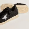 Zapatillas Ball Star para mujer en malla con cristales Swarovski y estrella y lengüeta del talón de cuero laminado negro