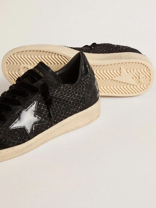 Zapatillas Ball Star para mujer en malla con cristales Swarovski y estrella y lengüeta del talón de cuero laminado negro
