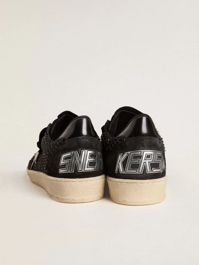 Zapatillas Ball Star para mujer en malla con cristales Swarovski y estrella y lengüeta del talón de cuero laminado negro