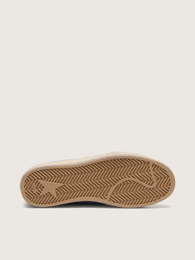 Zapatillas Ball Star para mujer en nylon azul denim con inserciones de gamuza gris claro y una estrella de cuero plateado metalizado