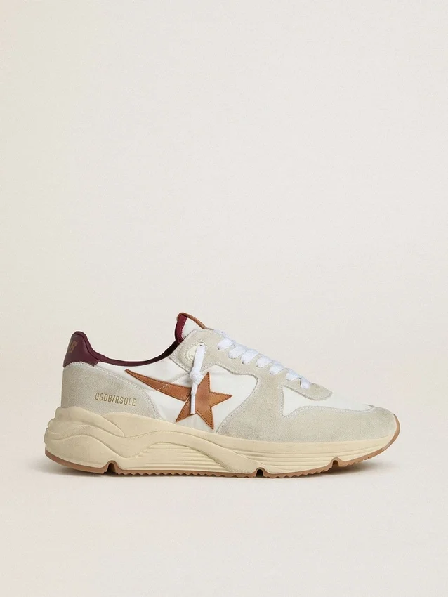 Zapatillas de hombre con Running Sole de nylon y gamuza, con estrella de cuero marrón y lengüeta trasera de cuero burdeos