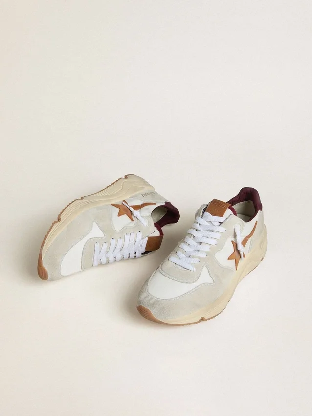 Zapatillas de hombre con Running Sole de nylon y gamuza, con estrella de cuero marrón y lengüeta trasera de cuero burdeos