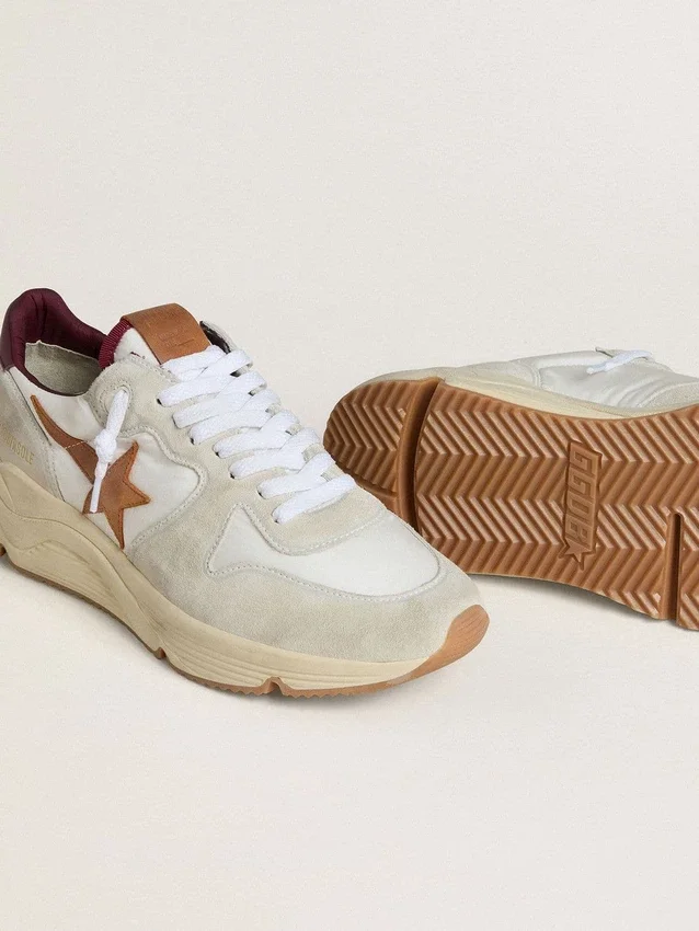 Zapatillas de hombre con Running Sole de nylon y gamuza, con estrella de cuero marrón y lengüeta trasera de cuero burdeos