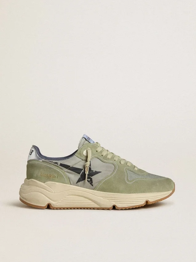 Zapatillas de hombre con Running Sole en nylon y gamuza verde salvia con estrella negra estampada