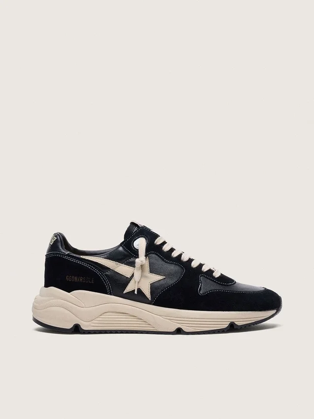 Zapatillas de hombre con Running Sole en piel napa y gamuza negras con una estrella blanca