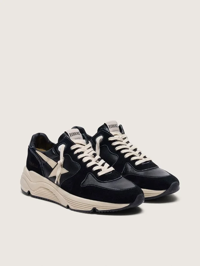 Zapatillas de hombre con Running Sole en piel napa y gamuza negras con una estrella blanca