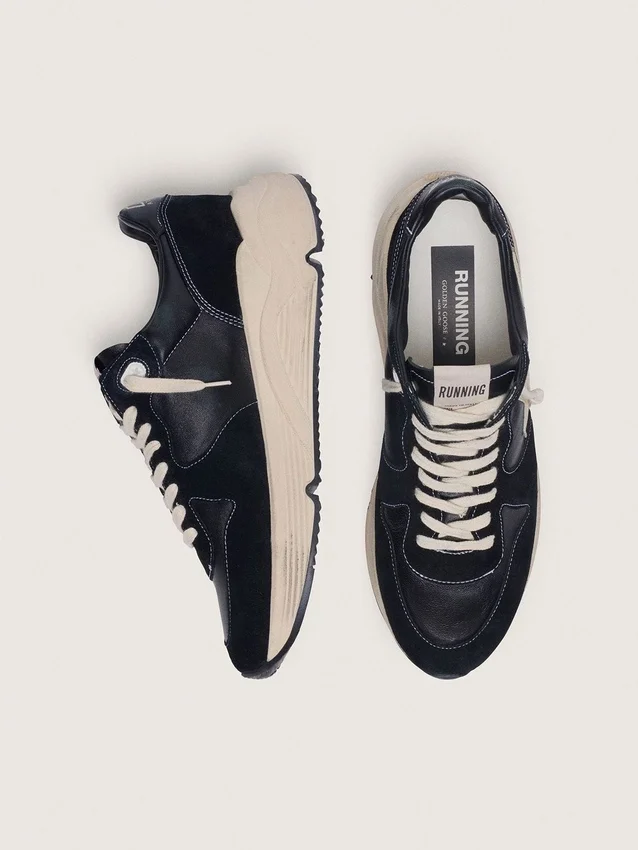 Zapatillas de hombre con Running Sole en piel napa y gamuza negras con una estrella blanca