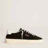 Zapatillas de tenis para mujer en gamuza negra con lengüeta de talón de cuero blanco