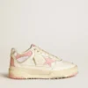 Zapatillas Forty2 para hombre con estrella rosa y lengüeta de talón de cuero blanco