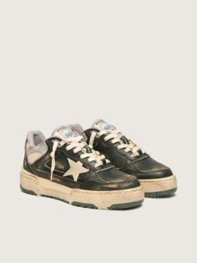 Zapatillas Forty2 para hombre en cuero verde y nylon color crema con estrella de TPU y lengüeta del talón de cuero plateado
