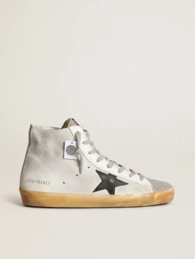 Zapatillas Francy para mujer en gamuza blanca con estrella de cuero negro y lengüeta con cristales Swarovski plateados