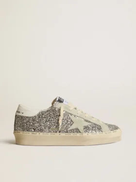 Zapatillas Hi Star para mujer en brillo plateado con estrella de gamuza y lengüeta del talón blanca
