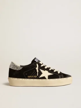 Zapatillas Hi Star para mujer en cuero negro con lengüeta del talón con purpurina plateada
