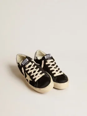 Zapatillas Hi Star para mujer en cuero negro con lengüeta del talón con purpurina plateada