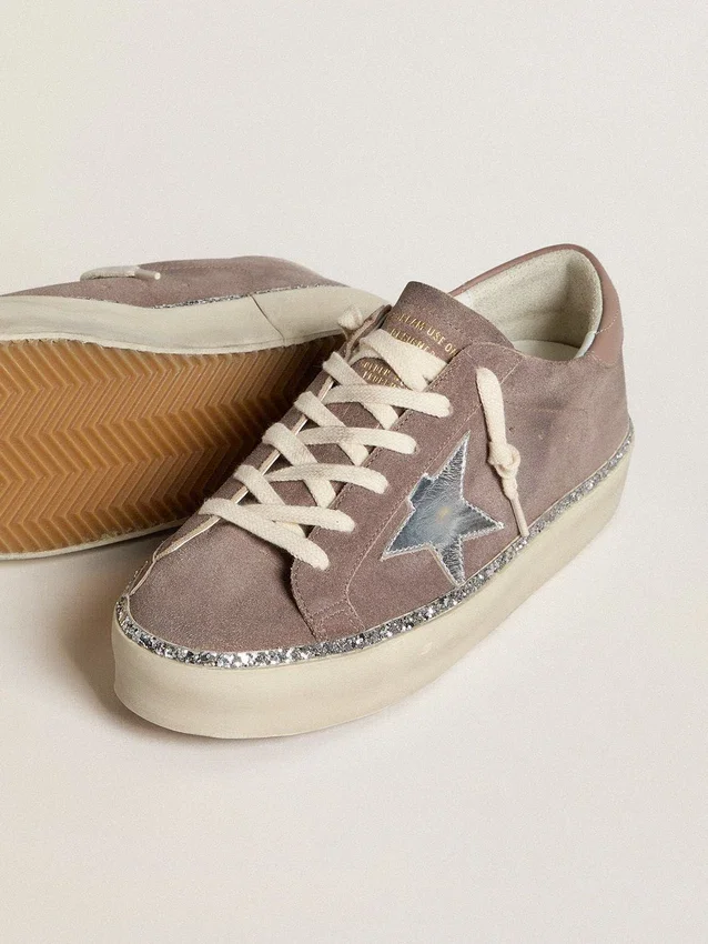Zapatillas Hi Star para mujer en gamuza con estrella de cuero plateada y lengüeta del talón de cuero