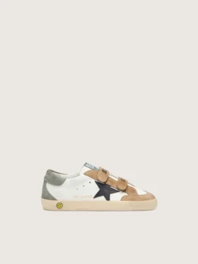 Zapatillas Junior Old School con estrella de cuero negro e inserciones de gamuza beige y verde