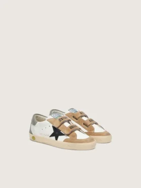 Zapatillas Junior Old School con estrella de cuero negro e inserciones de gamuza beige y verde