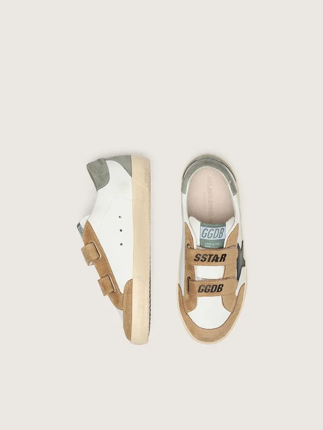 Zapatillas Junior Old School con estrella de cuero negro e inserciones de gamuza beige y verde