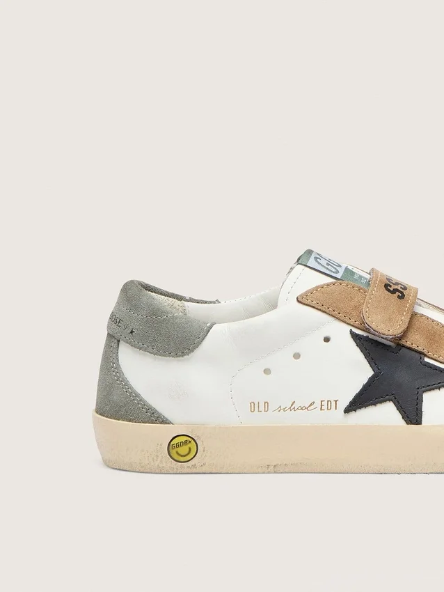 Zapatillas Junior Old School con estrella de cuero negro e inserciones de gamuza beige y verde