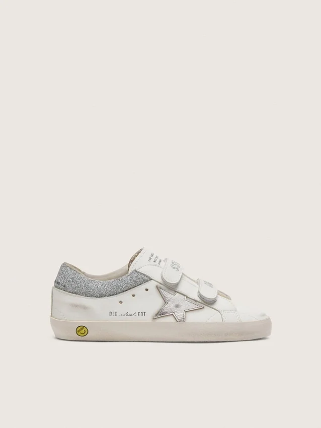 Zapatillas Young Old School en cuero blanco con estrella de cuero plateado metalizado e inserciones de cristales plateados