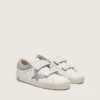 Zapatillas Young Old School en cuero blanco con estrella de cuero plateado metalizado e inserciones de cristales plateados