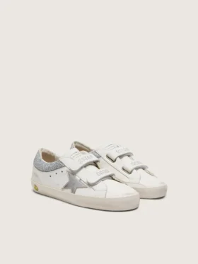 Zapatillas Junior Old School en cuero blanco con estrella de cuero plateado metalizado e inserciones de cristales plateados