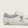 Zapatillas Young Old School en cuero blanco con estrella de cuero plateado metalizado e inserciones de cristales plateados