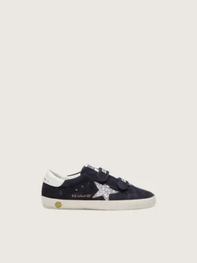 Zapatillas Junior Old School en gamuza azul con estrella plateada con purpurina y lengüeta de cuero blanco en el talón