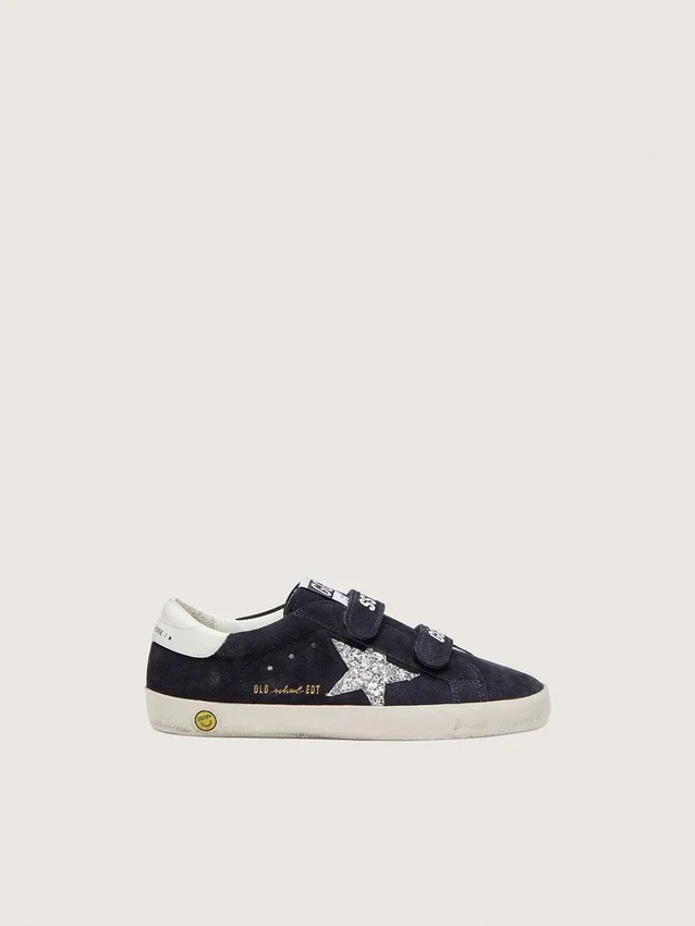Zapatillas Junior Old School en gamuza azul con estrella plateada con purpurina y lengüeta de cuero blanco en el talón
