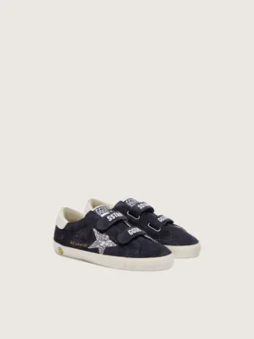 Zapatillas Junior Old School en gamuza azul con estrella plateada con purpurina y lengüeta de cuero blanco en el talón