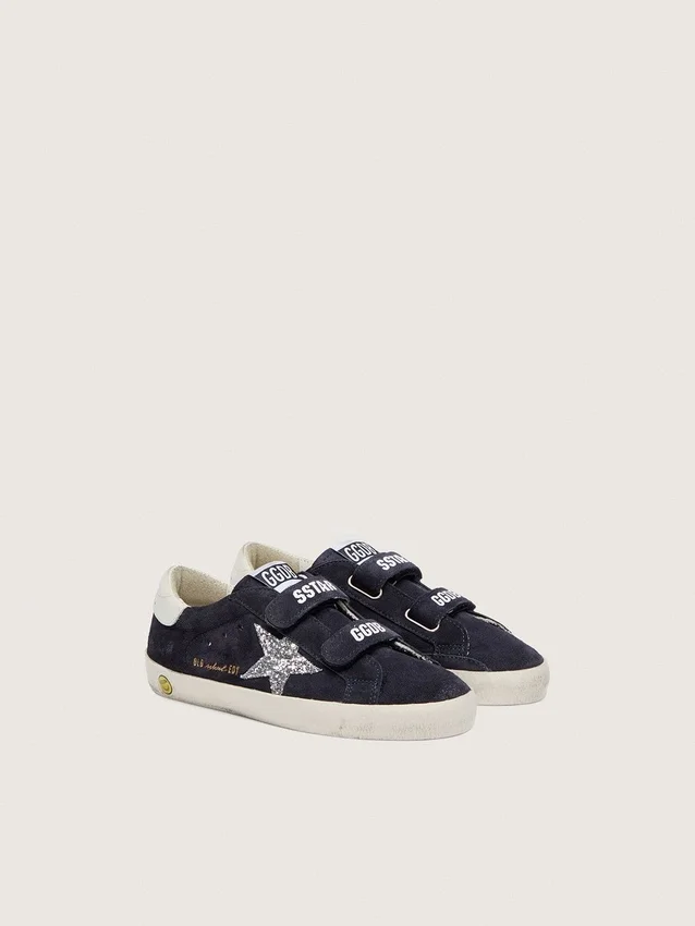 Zapatillas Junior Old School en gamuza azul con estrella plateada con purpurina y lengüeta de cuero blanco en el talón