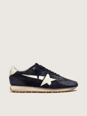 Zapatillas Marathon para hombre en gamuza azul marino con estrella y lengüeta del talón de cuero blanco