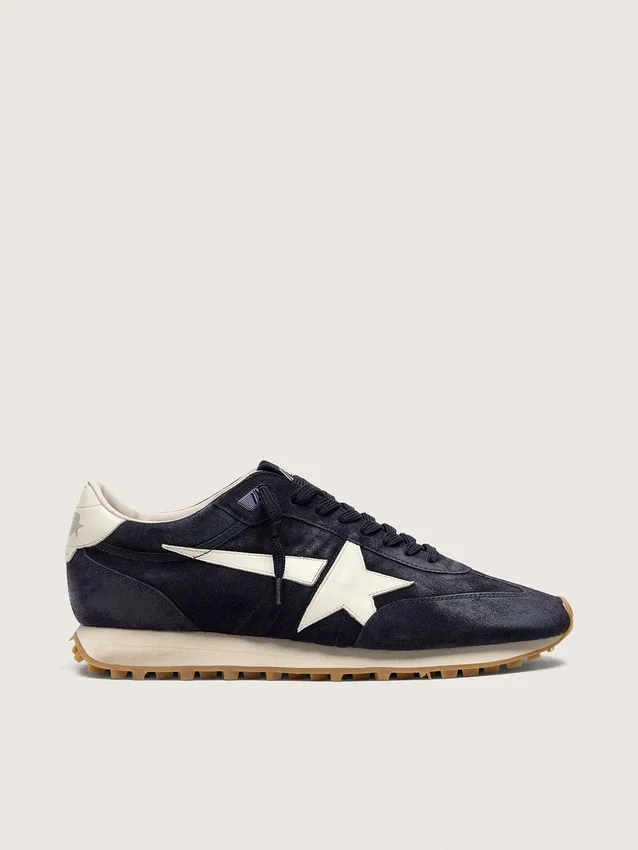 Zapatillas Marathon para hombre en gamuza azul marino con estrella y lengüeta del talón de cuero blanco