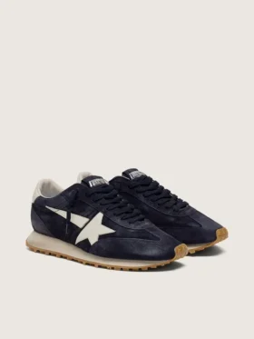 Zapatillas Marathon para hombre en gamuza azul marino con estrella y lengüeta del talón de cuero blanco