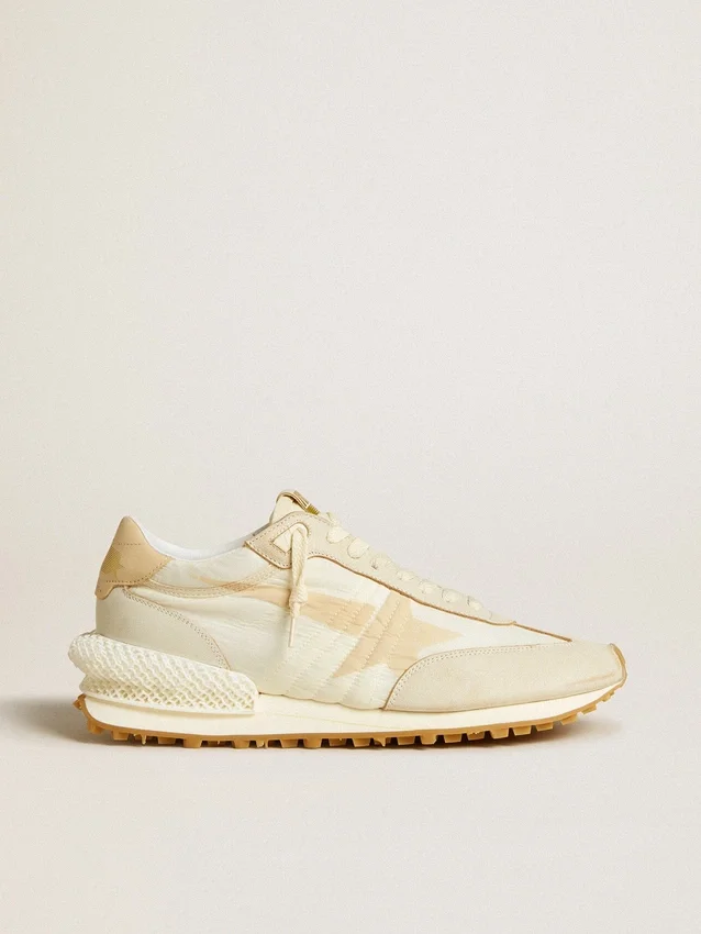 Zapatillas Marathon para hombre en nylon beige y cuero gris con estrella estampada en beige