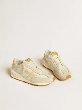 Zapatillas Marathon para hombre en nylon beige y cuero gris con estrella estampada en beige