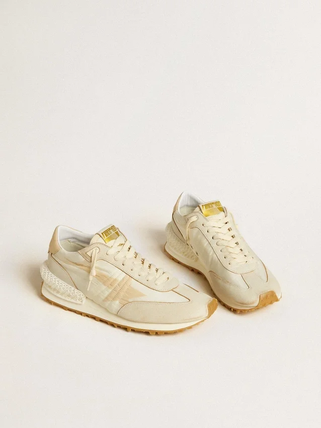 Zapatillas Marathon para hombre en nylon beige y cuero gris con estrella estampada en beige
