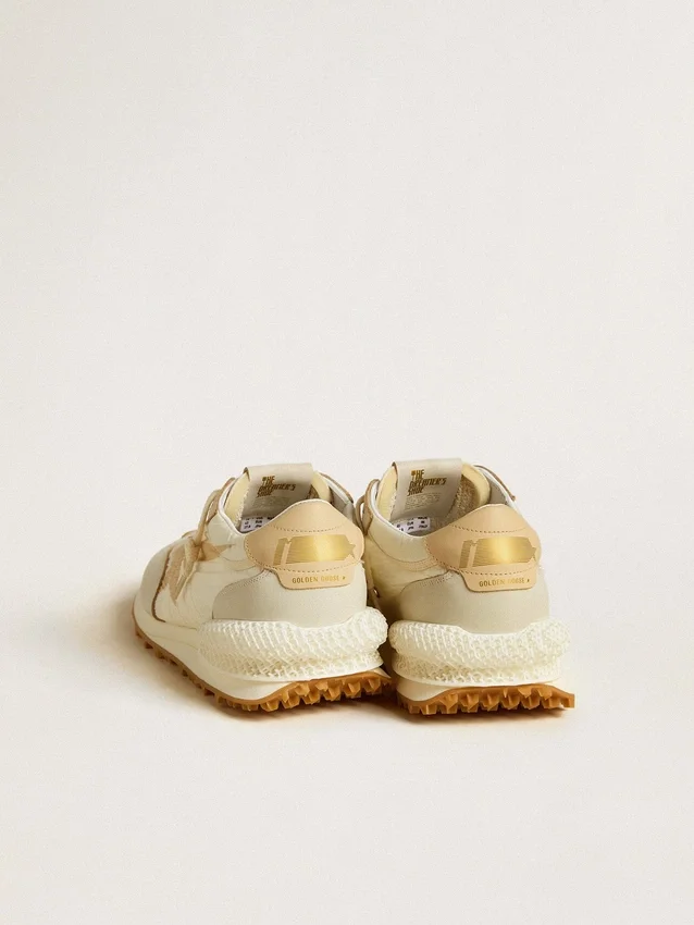Zapatillas Marathon para hombre en nylon beige y cuero gris con estrella estampada en beige