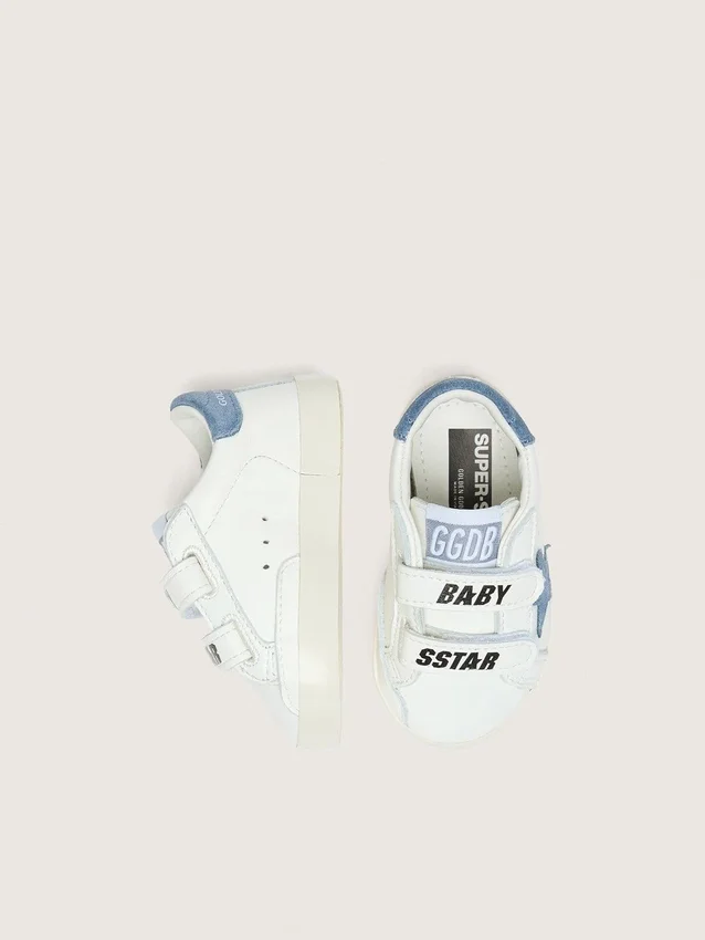 Zapatillas Old School para bebé en cuero blanco con estrella de gamuza azul denim