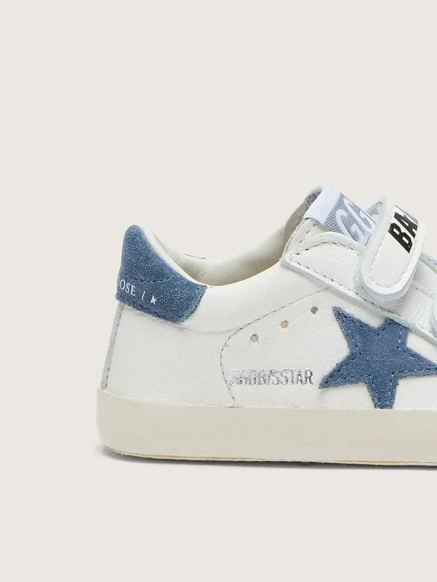 Zapatillas Old School para bebé en cuero blanco con estrella de gamuza azul denim