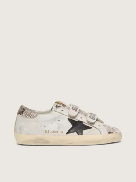 Zapatillas Old School para mujer en cuero blanco con estrella de cuero negro e inserciones con estampado de serpiente