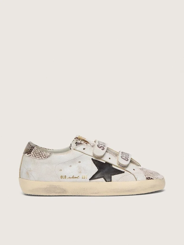 Zapatillas Old School para mujer en cuero blanco con estrella de cuero negro e inserciones con estampado de serpiente