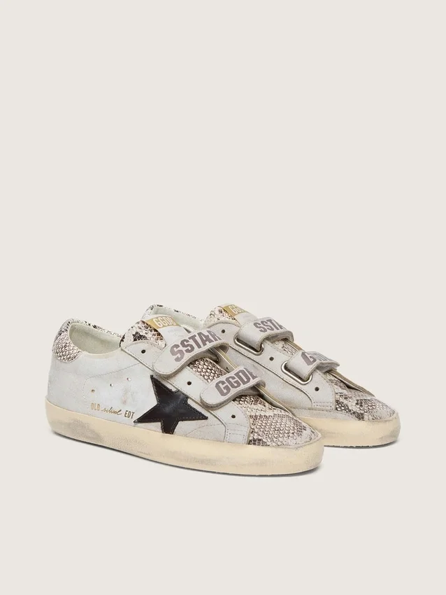 Zapatillas Old School para mujer en cuero blanco con estrella de cuero negro e inserciones con estampado de serpiente