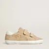 Zapatillas Old School para mujer en gamuza beige con lengüeta del talón de cuero blanco