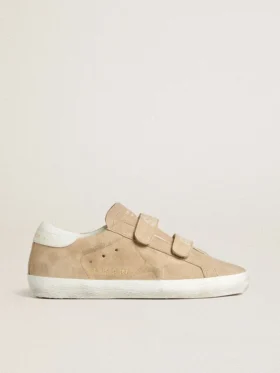 Zapatillas Old School para mujer en gamuza beige con lengüeta del talón de cuero blanco