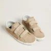Zapatillas Old School para mujer en gamuza beige con lengüeta del talón de cuero blanco