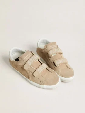 Zapatillas Old School para mujer en gamuza beige con lengüeta del talón de cuero blanco