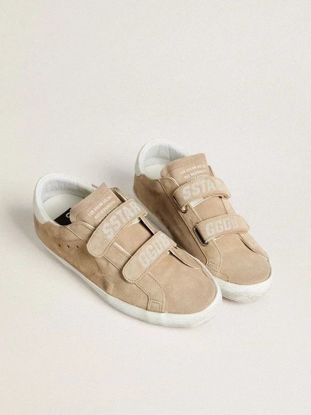 Zapatillas Old School para mujer en gamuza beige con lengüeta del talón de cuero blanco