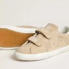 Zapatillas Old School para mujer en gamuza beige con lengüeta del talón de cuero blanco