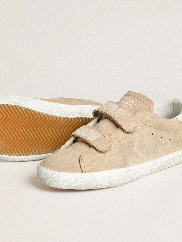 Zapatillas Old School para mujer en gamuza beige con lengüeta del talón de cuero blanco